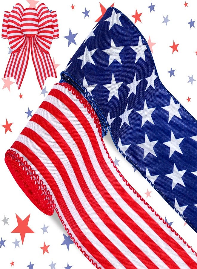 Whaline Patriotic Wired Edge Ribbon 2 Rolls Stars Stripes Craft Ribbon 4th of July USA Flag Fabric Ribbon for Independence Day Memorial Day Wreath Bow Making DIY Crafts Wrapping Supplies - Image 1